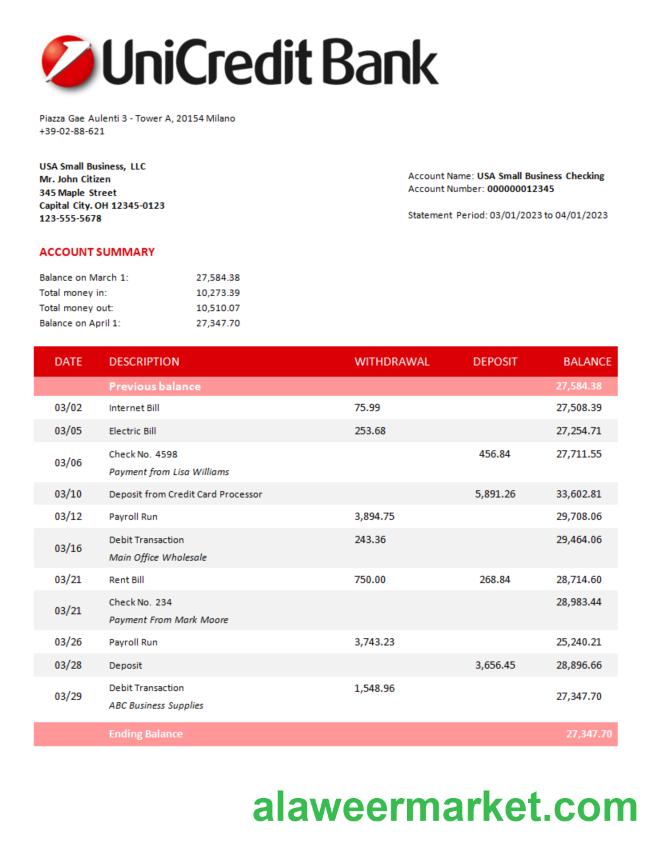 Unicredit Bank corporate statement Word and PDF template